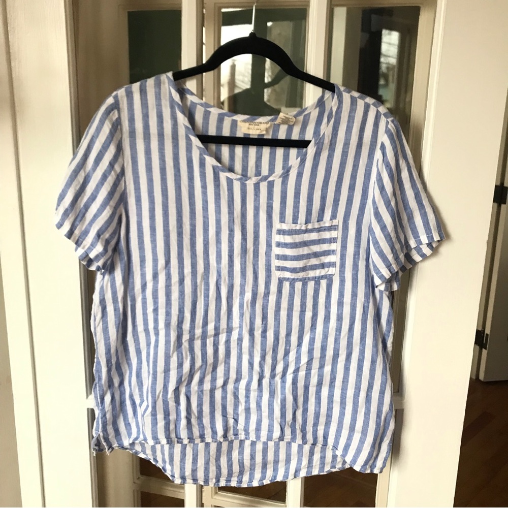 Christian Siriano 100% Linen Blue and White Striped Short Sleeve Blouse Medium